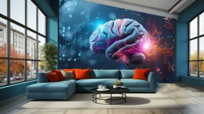 futuristic medical research of brain neural nerve system health care with diagnosis infographic biometrics for clinical hospital x-ray and alzheimer treatment,  banner with copyspace, Generative AI Wall mural