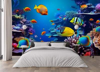 Animals of the underwater sea world. Ecosystem. Colorful tropical fish. Generative AI Wall mural