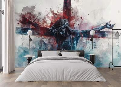 Jesus dies on the Cross. The Crucifixion and Death of Jesus. Digital watercolor painting, Generative AI Wall mural