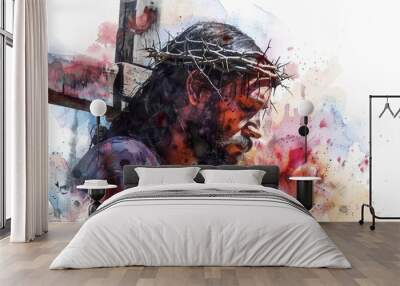 Jesus takes up his Cross. Digital watercolor painting illustration, Generative AI Wall mural