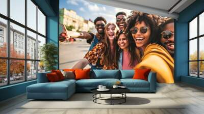 Multiracial friends celebrating party drinking cocktails at bar restaurant - Young people having fun hanging out on weekend day - Life style concept with guys and girls enjoying time, Generative AI Wall mural