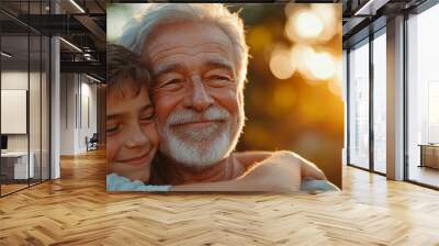 senior father hugging adult hipster son, have a happy feeling together, elderly caucasian person man or grandfather smiling with love in concept of family at home nature outdoor garden, Generative AI Wall mural