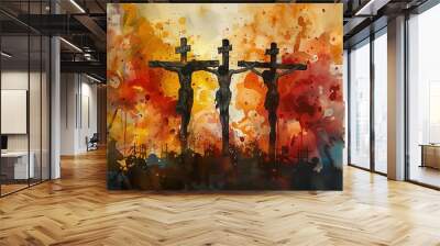 The Crucifixion. Passion. Good Friday. New Testament. Watercolor Biblical Illustration, Generative AI Wall mural