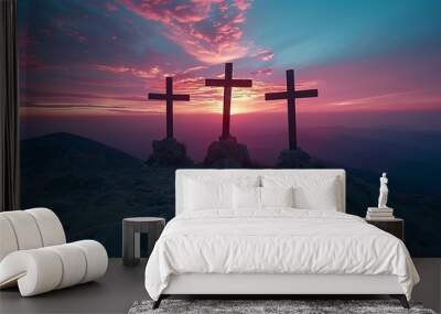 Three crosses on the top of the mountain at sunrise, Generative AI Wall mural