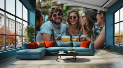 woman man rooftop friend youth young party friendship talking fun happy outdoor group drink lifestyle summer together terrace leisure, Generative AI Wall mural