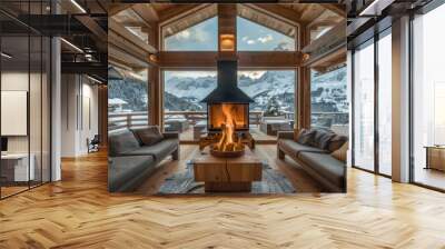 Elegant wooden chalet with fireplace Modern living room interior design with mountain view Wall mural