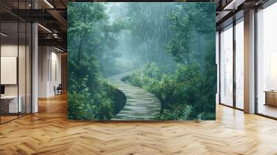 the winding trail of a wooden path amidst the jungle's embrace, raindrops patter softly on the canopy above, nature's symphony echoing through the mist. Wall mural