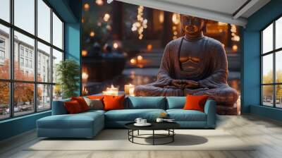 A peaceful 3D Buddha in a meditative pose, surrounded by candles and incense, with detailed textures and warm, calming light creating a serene ambiance Wall mural