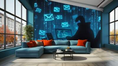 A realistic depiction of a hacker in a futuristic setting, crafting malicious emails for a phishing attack. The scene is set in a dark, high-tech environment with predominant blue tones Wall mural