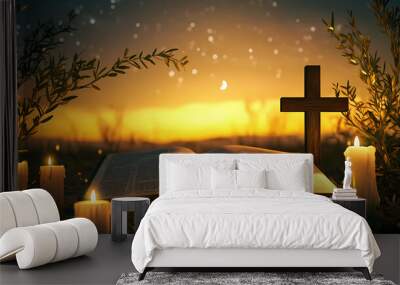 In the midst of conflict, the light of Christ brings comfort. Today let us remember the peace and strength of faith seen in this sunrise. Bible guide book open through the night, olive branch and wood Wall mural