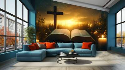 In the midst of conflict, the light of Christ brings comfort. Today let us remember the peace and strength of faith seen in this sunrise. Bible guide book open through the night, olive branch and wood Wall mural