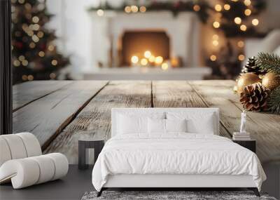 Mockup for product display on white natural wooden table in day light with christmas tree and fireplace on blurred background with copy space Wall mural