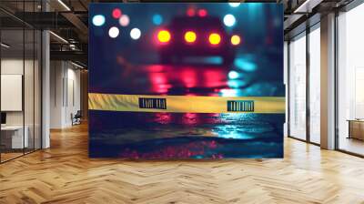 Yellow law enforcement tape isolating crime scene with blurred view of city street, toned in red and blue police car lights Wall mural