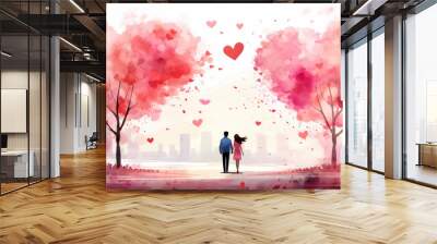 Horizontal advertisement of a couple walking among the trees in the urban park on a pink background of hearts. Cartoon, illustration, drawing, card, of Valentine's Day. Generative AI Wall mural