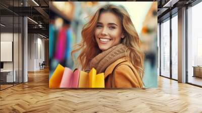 Side view of beautiful young smiling girl with emotion expression and colorful bags full of textiles and gifts on a day of shopping in the city stores. Ai generated Wall mural