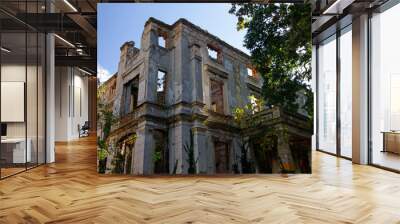 Remains of the war in Mostar, Bosnia and Herzegovina: Ruin without a roof with trees growing inside of it Wall mural