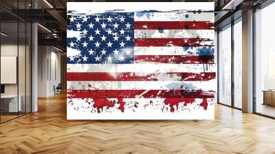 Graffiti style painting of the USA flag on a white background with paint splatters, American patriotism and urban art Wall mural