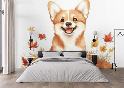 Smiling Corgi puppy surrounded by falling autumn leaves. Concept of happiness, warmth, and playful energy. Wall mural