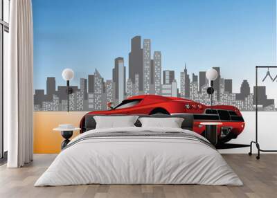 141-44-Red sports car is standing on a road with a city skyline in the background Wall mural