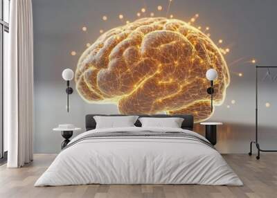 3D render of a glowing orange brain with neural connections symbolizing the complex network of human thought and the advancements in neuroscience and AI Wall mural