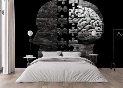 A black and white silhouette of a head with a puzzle brain represents the duality of human thought and the contrast between conscious and subconscious processes in cognitive development Wall mural