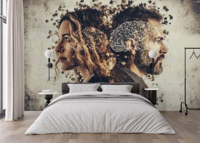 A dramatic double exposure portrait of a couple with glowing brain patterns symbolizing the intellectual and emotional conflict in a complex relationship Wall mural