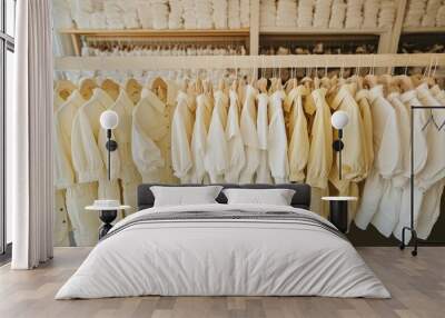 A neatly organized row of white shirts on hangers symbolizing simplicity cleanliness and minimalist fashion choices for a refined and classic wardrobe Wall mural