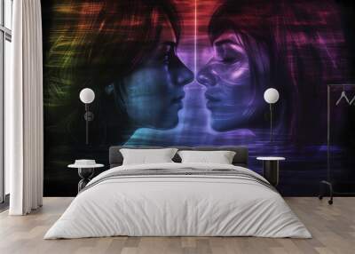 Abstract digital painting of faces with neon lights, expressive and dynamic Wall mural