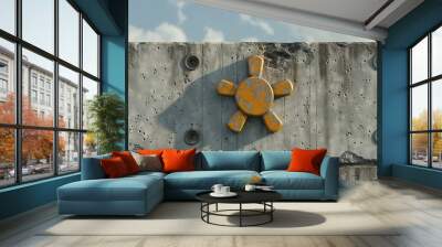 Abstract gear on a concrete wall, vibrant 3D rendering, modern design, educational and creative, detailed and engaging. Wall mural