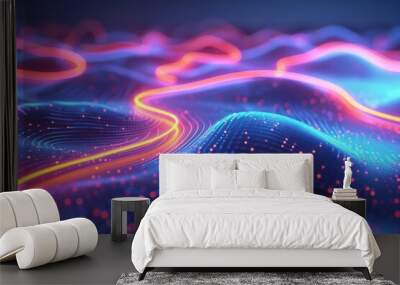 Abstract neon waves, capturing a vibrant and dynamic visual effect with bright and fluid elements. Wall mural