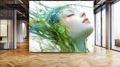 Abstract portrait of a woman with flowing green organic elements representing nature symbolizing the fusion of natural intelligence and technology through biomimetic neural networks Wall mural