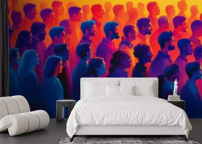 Abstract silhouette profiles of people in a gradient of warm colors symbolizing diversity unity and connection in a bold modern illustration Wall mural