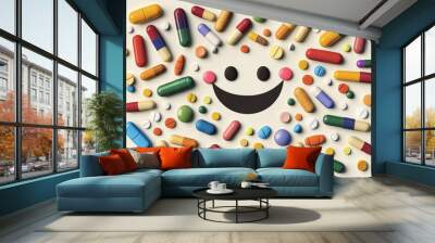 Abstract smiley face created with a variety of pills and capsules on a beige background symbolizing the positive impact of modern medicine and healthcare Wall mural