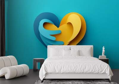 Abstract yellow and blue heart intertwined with ribbon like shapes symbolizing love unity and connection in a creative and modern design Wall mural