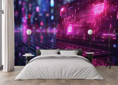 Advanced cybersecurity solutions with digital protection and encryption, featuring secure network, pink blue tech interface, and padlock for data safety and online security Wall mural