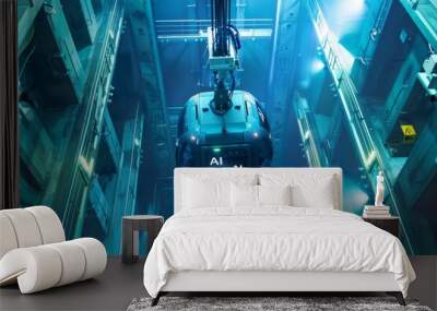 AI drone in a futuristic warehouse, symbolizing artificial intelligence and advanced logistics, high tech digital illustration Wall mural