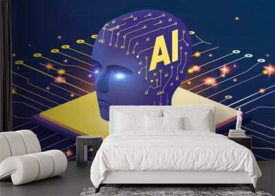 AI head with digital circuit, showcasing advanced artificial intelligence, innovative tech design, futuristic electronic components, high tech digital infrastructure Wall mural