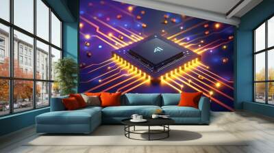 AI microchip on neon circuit board, digital transformation, tech innovation, artificial intelligence, advanced computing, high tech, cybernetics, smart solutions, futuristic Wall mural