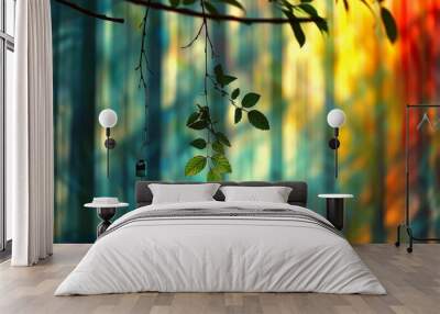 Artistic depiction of a delicate branch with leaves against a colorful abstract background showcasing nature and creativity Wall mural