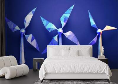 Artistic wind turbines on blue background renewable energy eco friendly technology green power sustainable environment clean energy environmental consciousness modern vibrant Wall mural