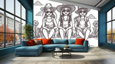 Black and white illustration of friends sitting together, detailed and classic Wall mural