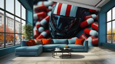 Black helmet with red and white stripes lying among capsules representing the interplay between protection and pharmaceutical use Wall mural