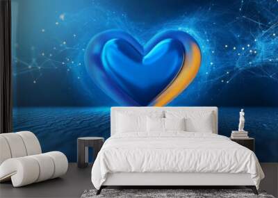 Blue and yellow heart shape with glowing lines symbolizing harmony connection and the blending of energies in a futuristic digital world. Wall mural