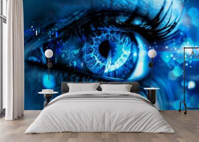 Blue cyber eye with digital elements, sci fi and technology concept, vibrant and detailed, futuristic and glowing Wall mural