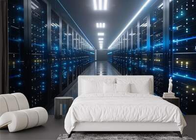 Blue digital padlocks in a futuristic server room, emphasizing the integration of advanced cybersecurity measures. Wall mural