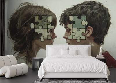 Brain aptitude Cognitive alignment Abstract illustration of two children with puzzle pieces over their faces symbolizing intellectual growth innocence and cognitive development Wall mural