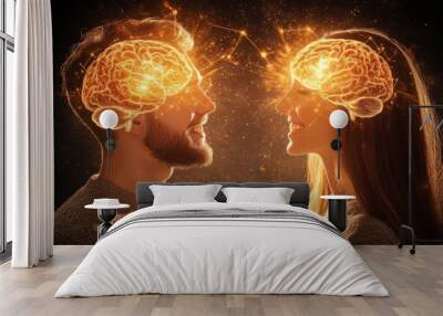 Brain capacity Cerebral cortex Profiles of two people with golden brain connections representing shared knowledge and intellectual synergy in a collaborative environment Wall mural