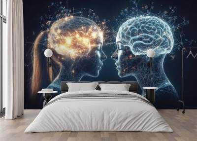 Brain connectivity Cognitive brain network Glowing neural profiles of two faces merging in a digital environment represent the fusion of technology and human thought in modern communication Wall mural