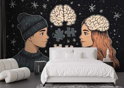 Brain pathology Glial cell Fiery neural connections between two heads symbolizing passionate intellectual exchange mental engagement and cognitive intensity Wall mural