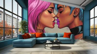 Brain productivity Cognitive capability Vibrant close up portrait of two women kissing with pink and blue hair symbolizing love passion and the vibrancy of human connection Wall mural